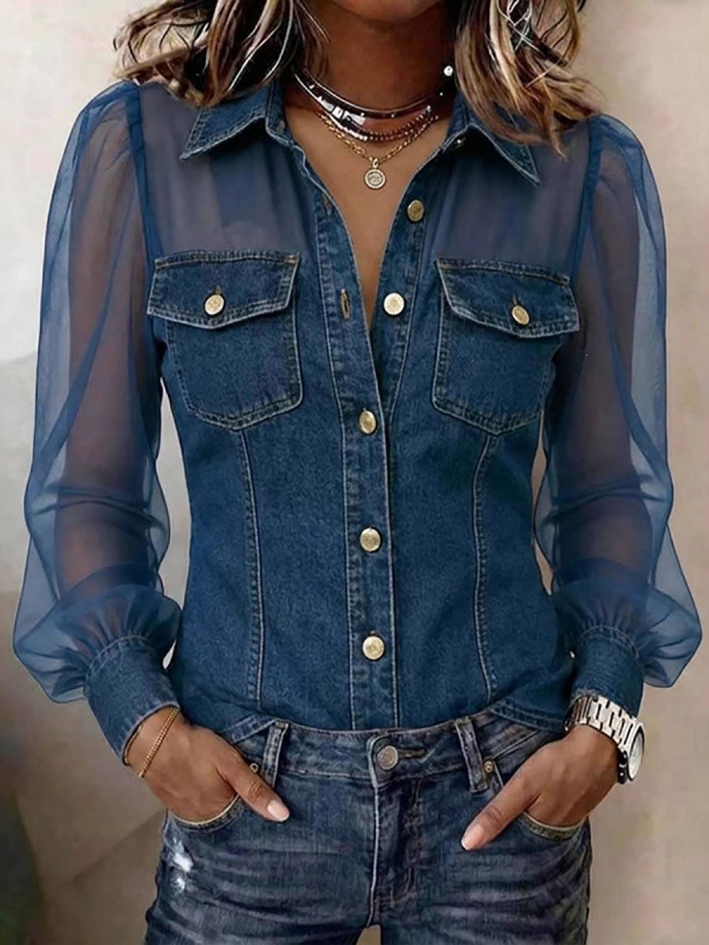 Denim Effect Mesh Long sleeve Top.
