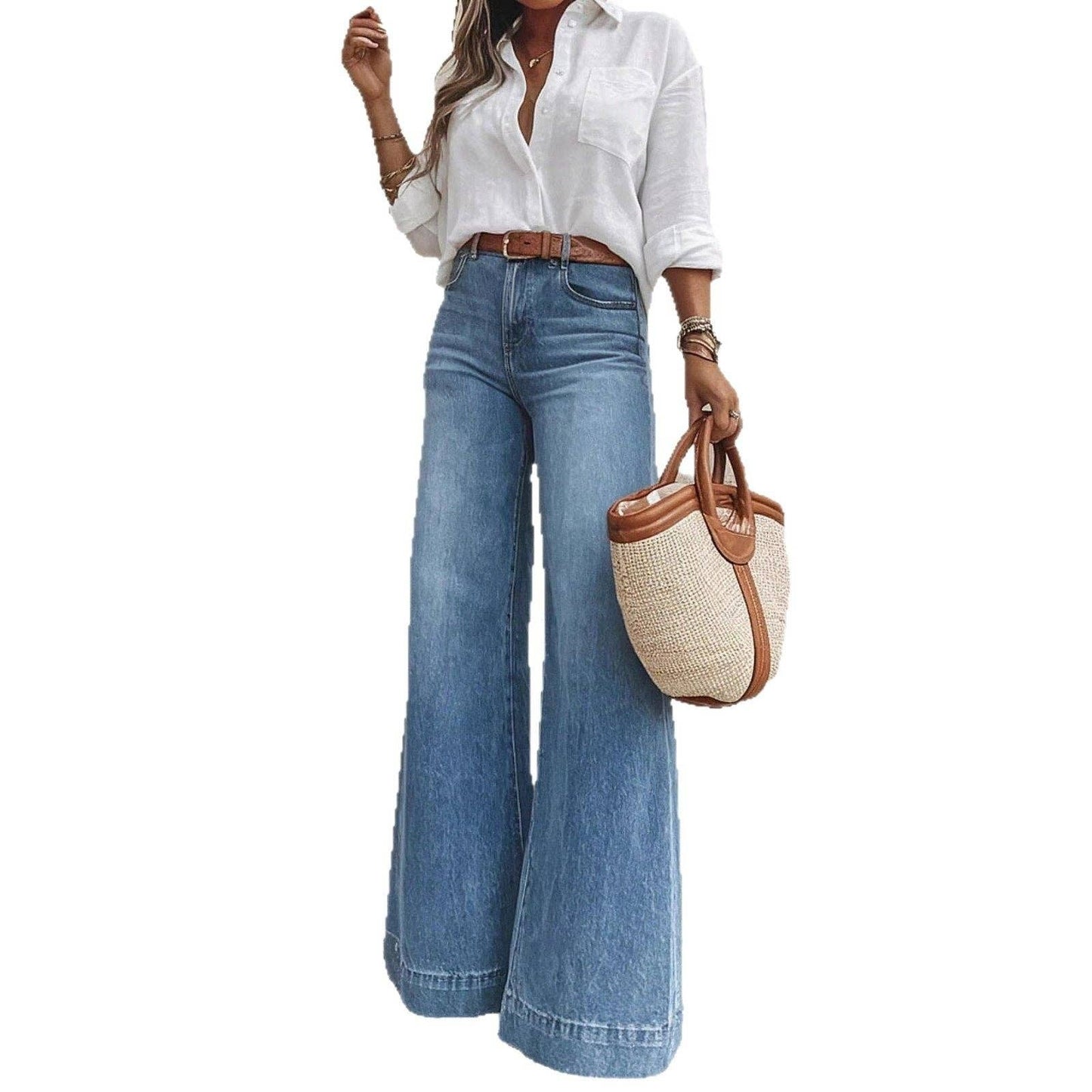 Jeans de pierna ancha lavados retro para mujer