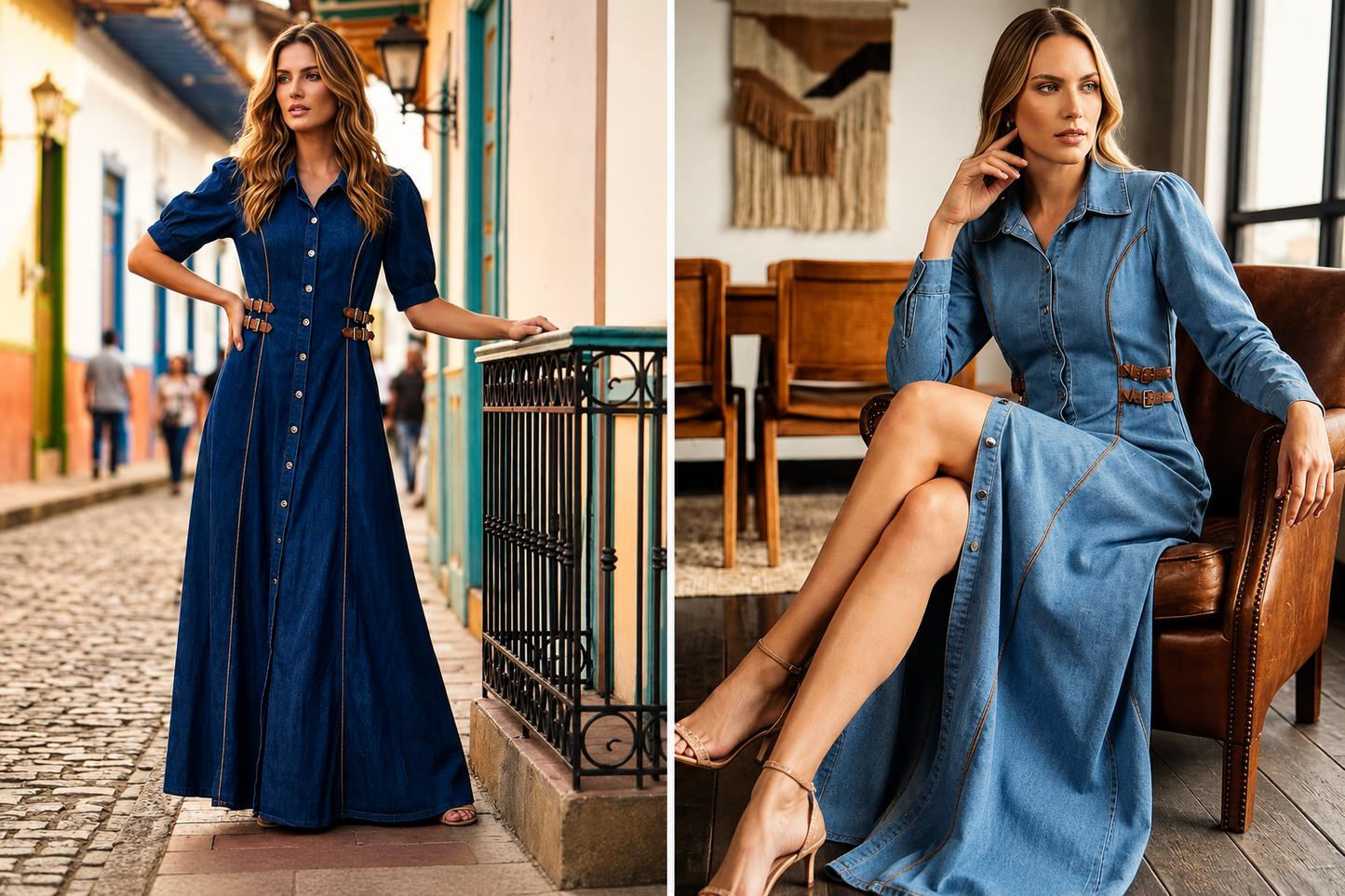 Belted Dark Blue Denim Maxi Dress