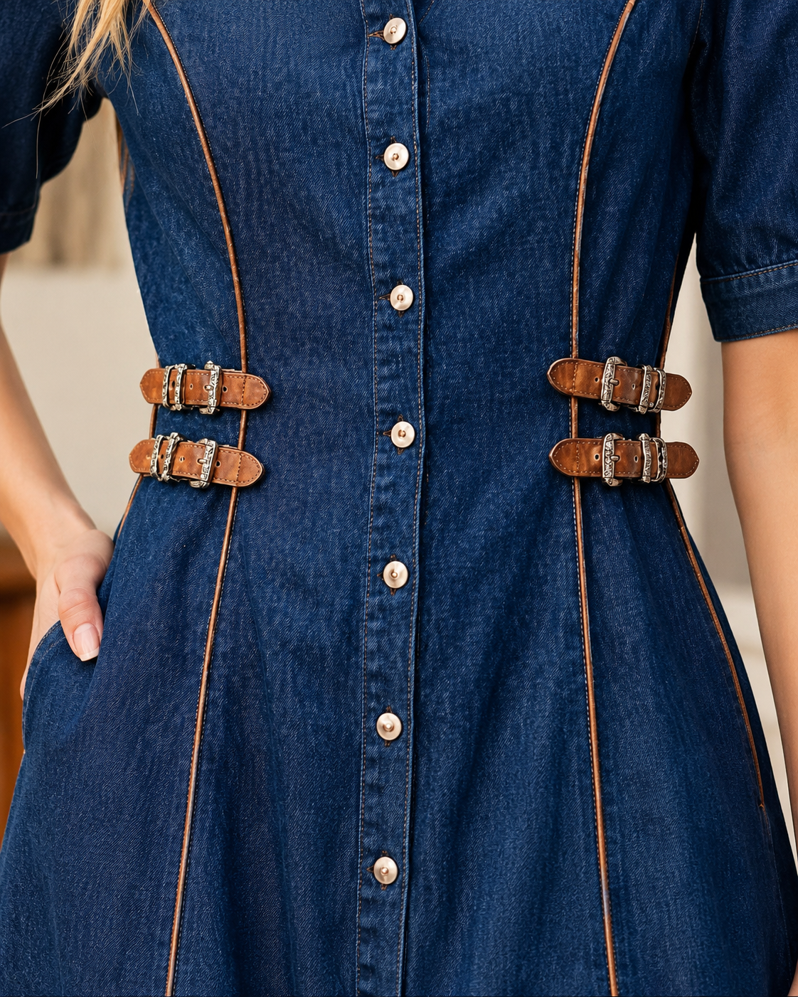 Belted Dark Blue Denim Maxi Dress