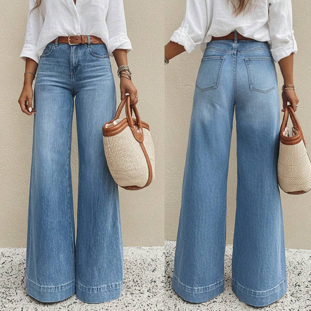 Jeans de pierna ancha lavados retro para mujer