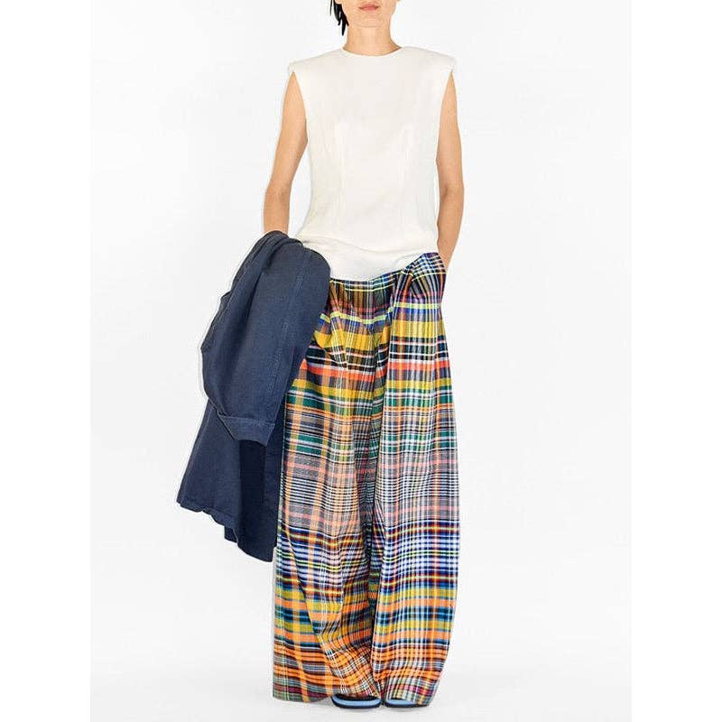 Pantalones casuales de pierna ancha con estampado de tablero de ajedrez.