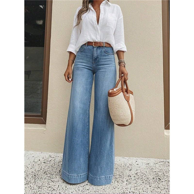 Jeans de pierna ancha lavados retro para mujer