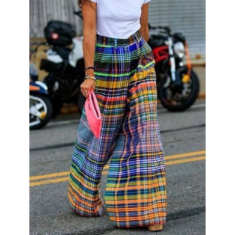 Pantalones casuales de pierna ancha con estampado de tablero de ajedrez.