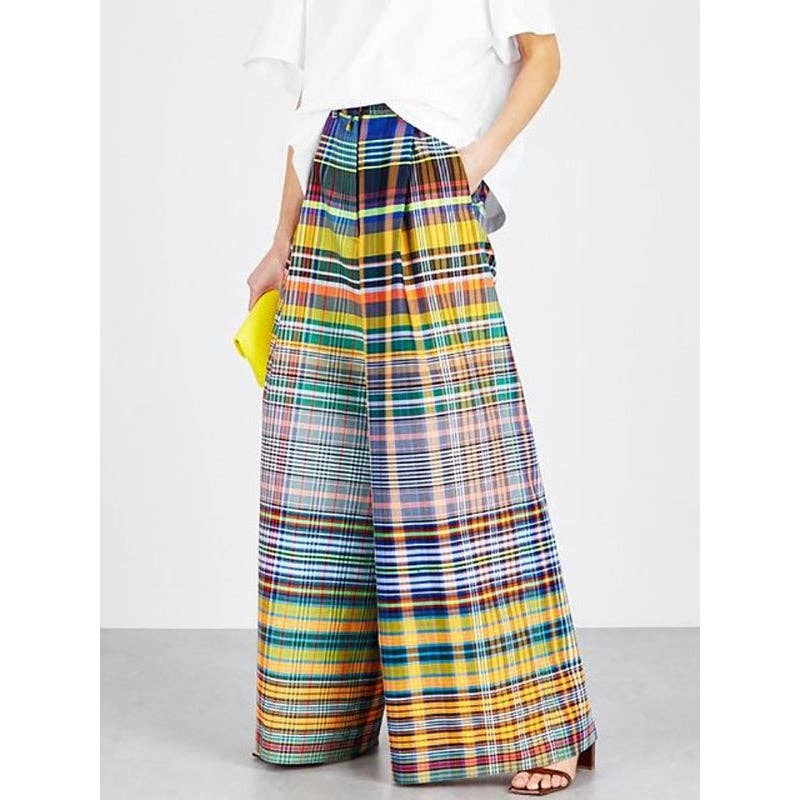 Pantalones casuales de pierna ancha con estampado de tablero de ajedrez.