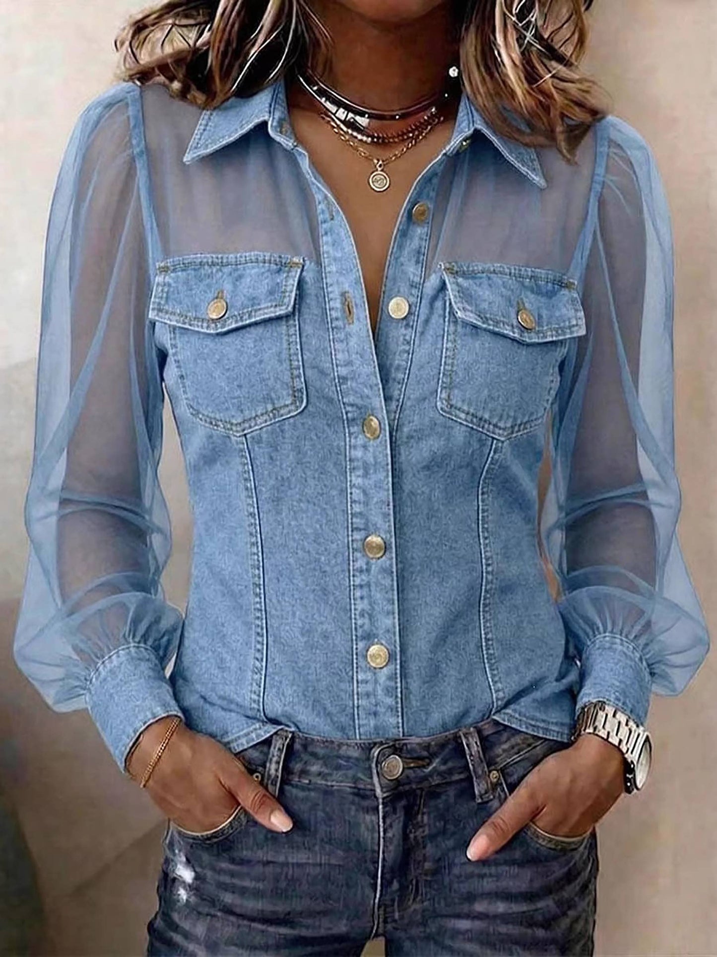 Denim Effect Mesh Long sleeve Top.