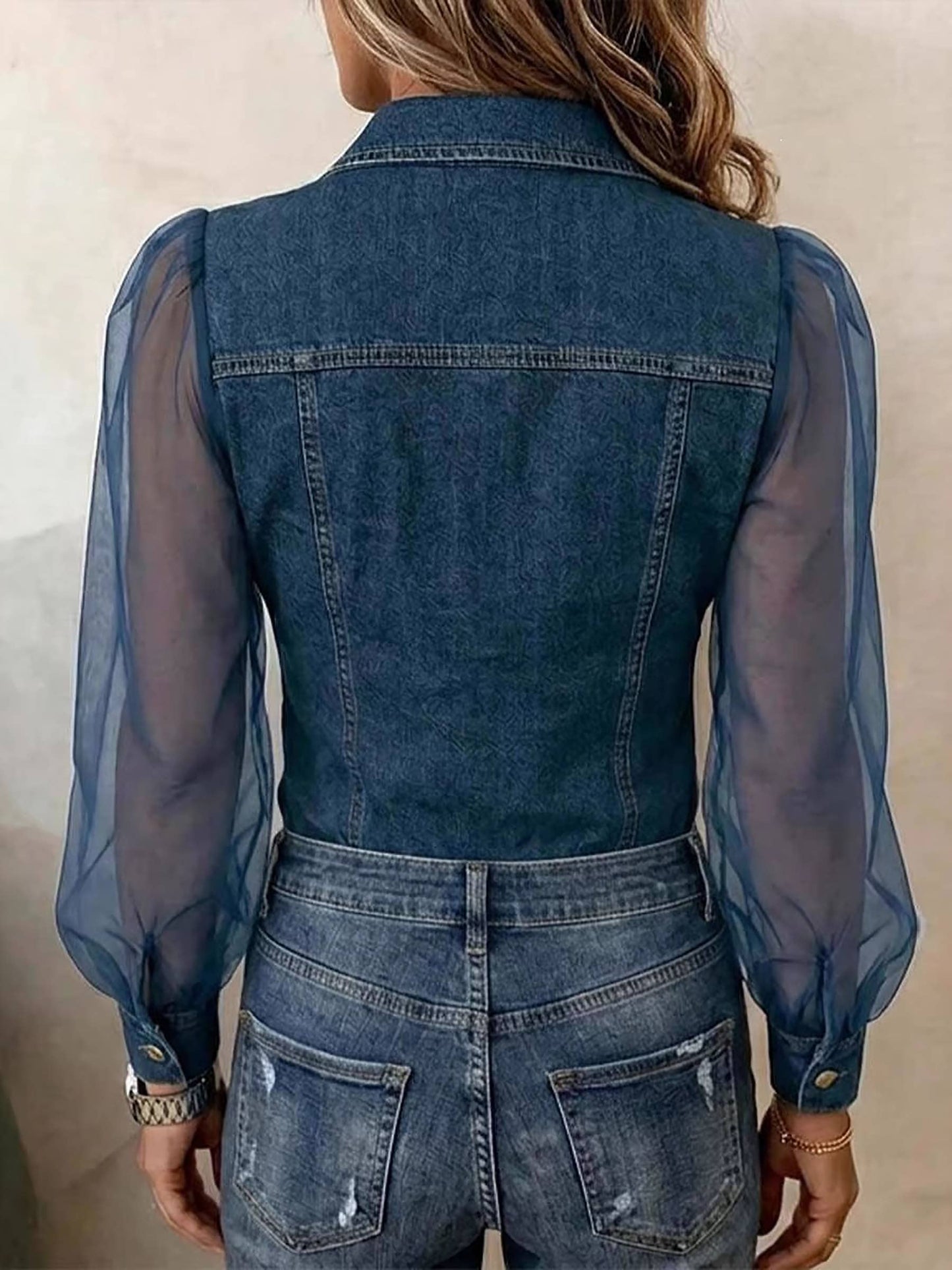 Denim Effect Mesh Long sleeve Top.