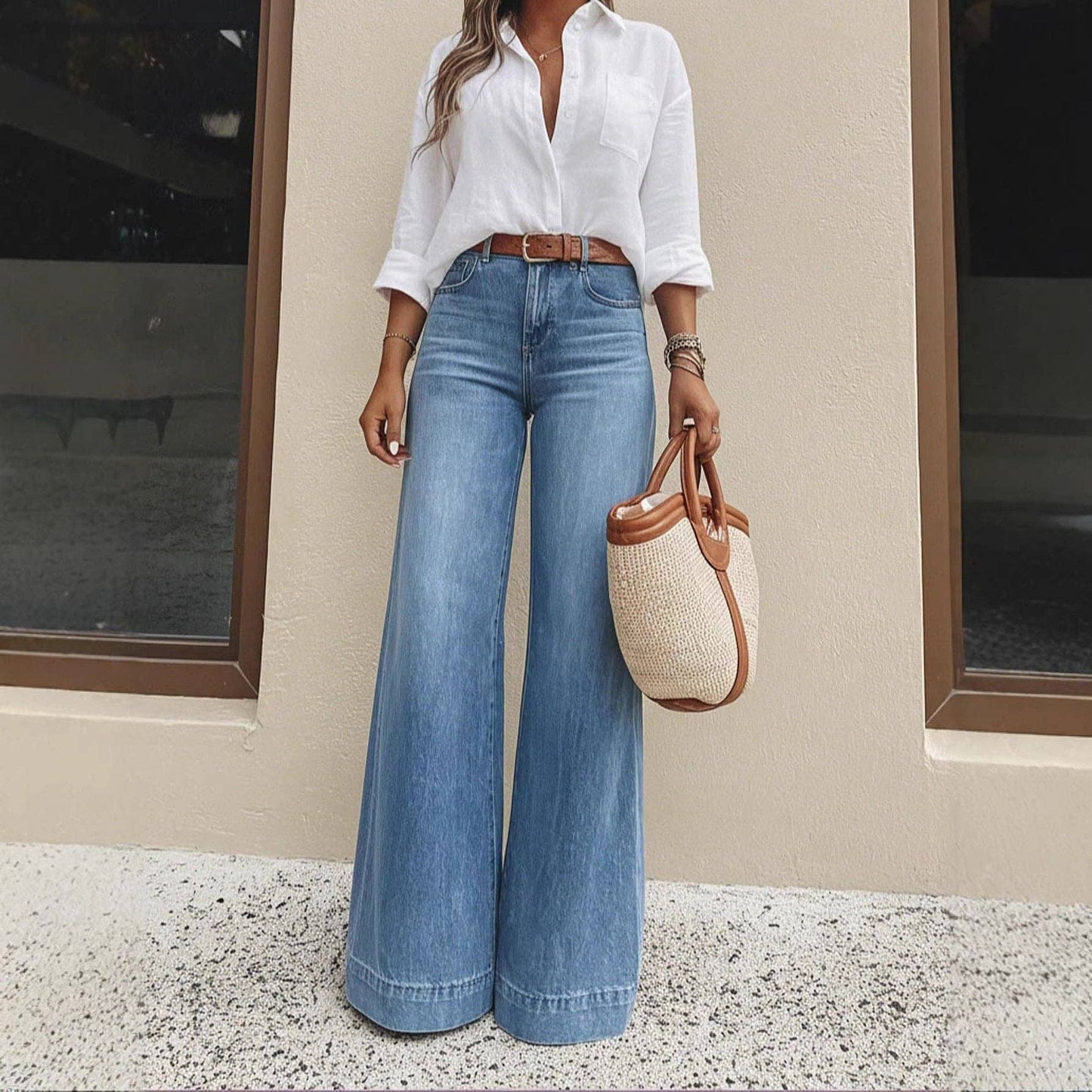 Jeans de pierna ancha lavados retro para mujer